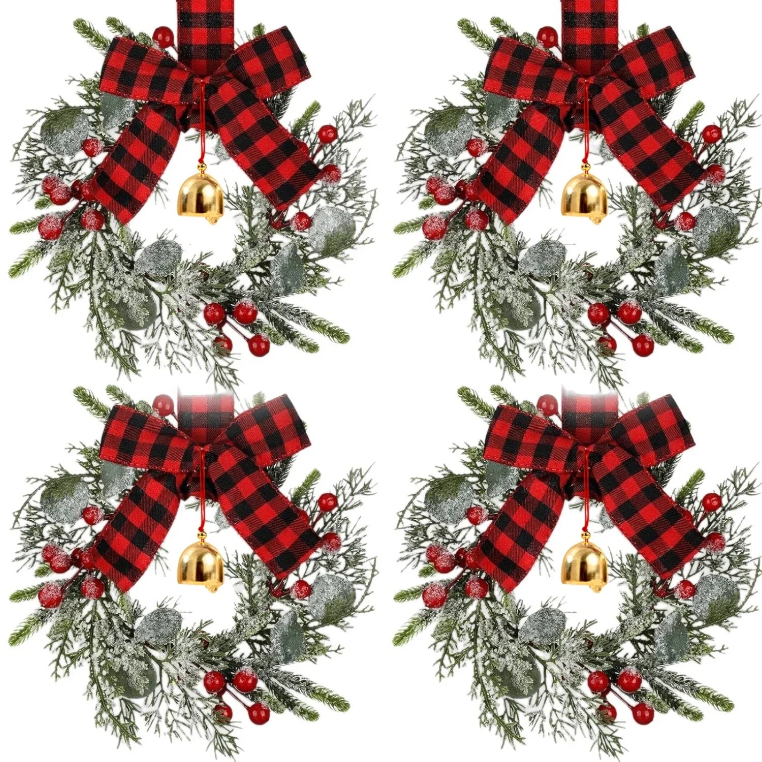 4pcs 9-Inch Mini Christmas Cabinet Bells Wreath Set with Bells, Frosted Cedar, Red Berries & Red & Black Plaid Bow - Norfolk Pine Artificial Material for Kitchen Cabinets, Holiday Decorations (No Maintenance Required), Doors, House Of Avana