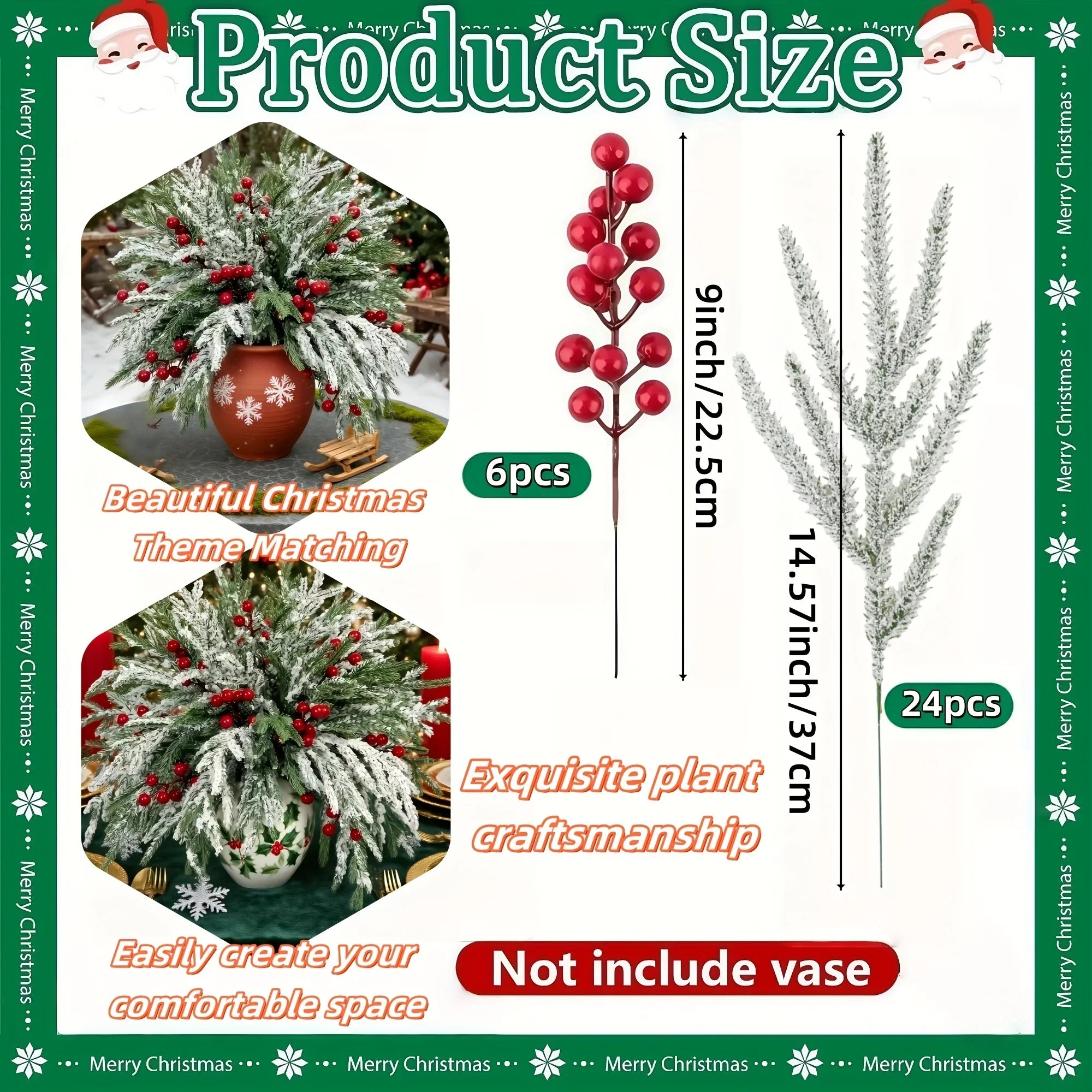 30pcs - Outdoor Artificial Norfolk Pine Branches with Red Berries - Realistic Pine Tree Wreath, Green Needles and Snow-Covered, Suitable for Outdoor Use - Christmas House Of Avana