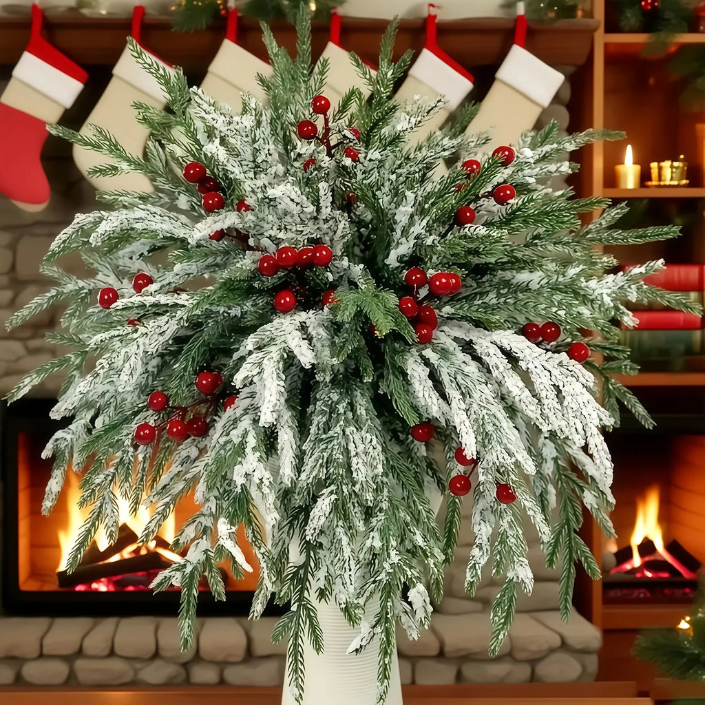 30pcs - Outdoor Artificial Norfolk Pine Branches with Red Berries - Realistic Pine Tree Wreath, Green Needles and Snow-Covered, Suitable for Outdoor Use - Christmas House Of Avana