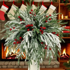 30pcs - Outdoor Artificial Norfolk Pine Branches with Red Berries - Realistic Pine Tree Wreath, Green Needles and Snow-Covered, Suitable for Outdoor Use - Christmas House Of Avana