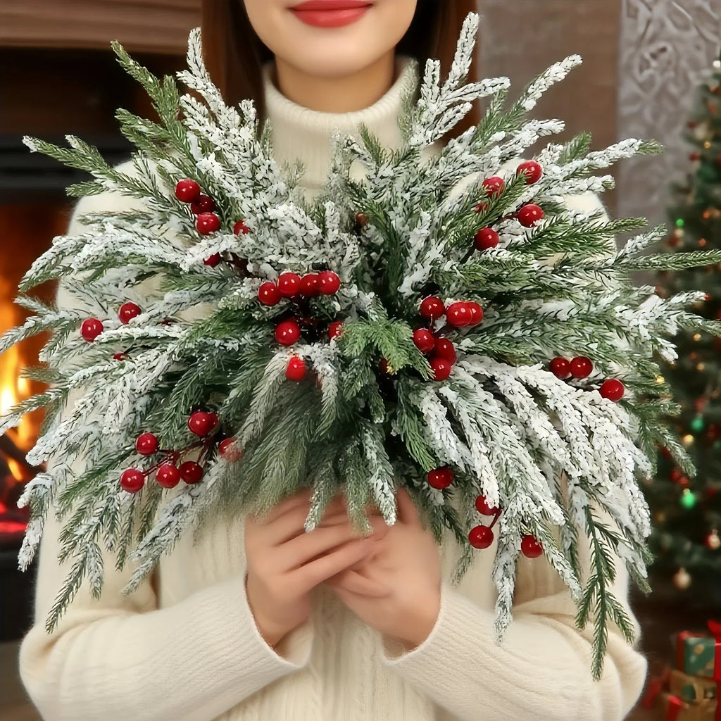 30pcs - Outdoor Artificial Norfolk Pine Branches with Red Berries - Realistic Pine Tree Wreath, Green Needles and Snow-Covered, Suitable for Outdoor Use - Christmas House Of Avana