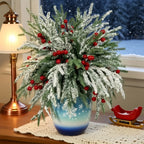 30pcs - Outdoor Artificial Norfolk Pine Branches with Red Berries - Realistic Pine Tree Wreath, Green Needles and Snow-Covered, Suitable for Outdoor Use - Christmas House Of Avana