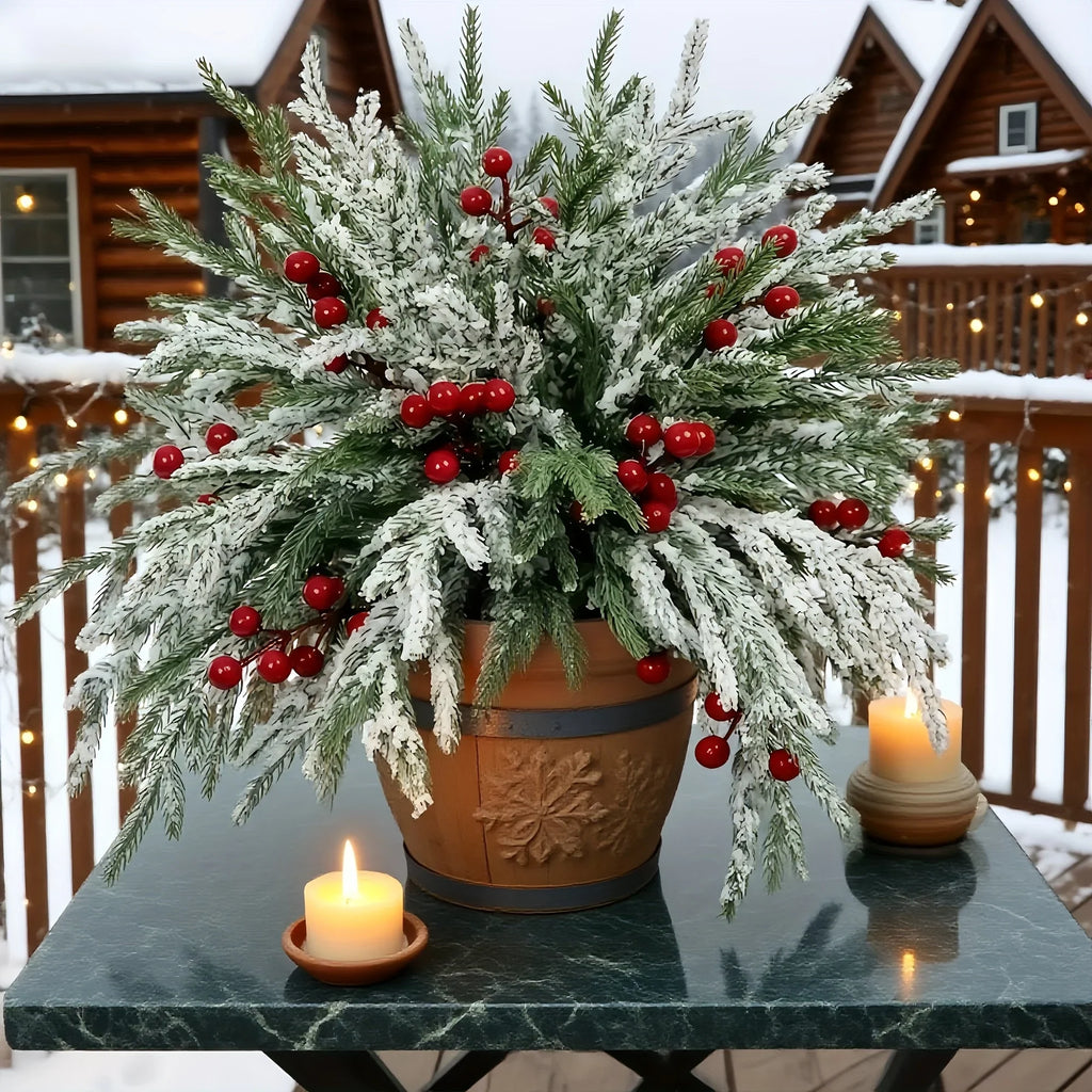 30pcs - Outdoor Artificial Norfolk Pine Branches with Red Berries - Realistic Pine Tree Wreath, Green Needles and Snow-Covered, Suitable for Outdoor Use - Christmas House Of Avana