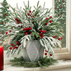 30pcs - Outdoor Artificial Norfolk Pine Branches with Red Berries - Realistic Pine Tree Wreath, Green Needles and Snow-Covered, Suitable for Outdoor Use - Christmas House Of Avana