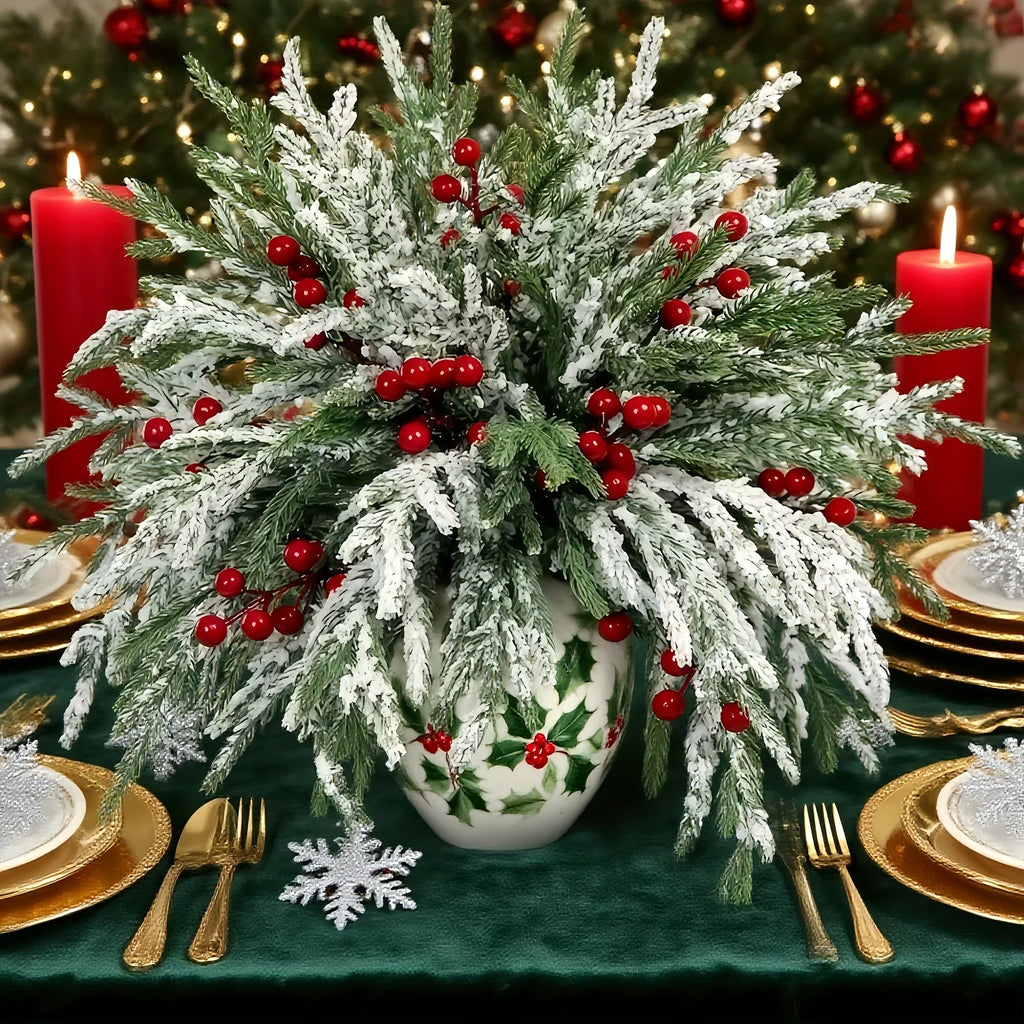 30pcs - Outdoor Artificial Norfolk Pine Branches with Red Berries - Realistic Pine Tree Wreath, Green Needles and Snow-Covered, Suitable for Outdoor Use - Christmas House Of Avana