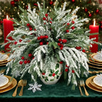 30pcs - Outdoor Artificial Norfolk Pine Branches with Red Berries - Realistic Pine Tree Wreath, Green Needles and Snow-Covered, Suitable for Outdoor Use - Christmas House Of Avana