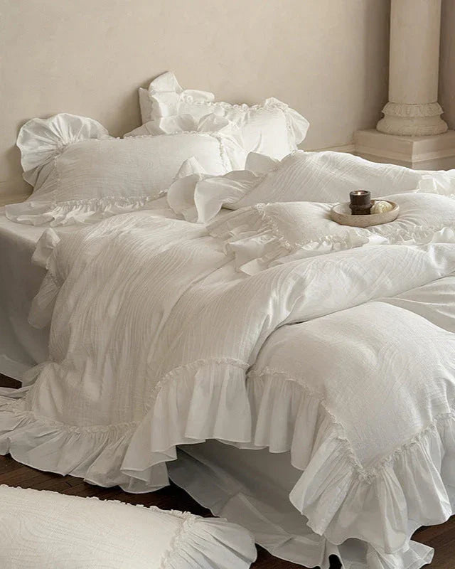 Jasmine White Ruffled Jacquard Bedding Set Ever Lasting