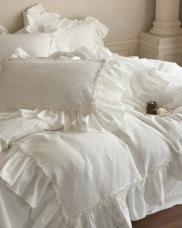 Jasmine White Ruffled Jacquard Bedding Set Ever Lasting