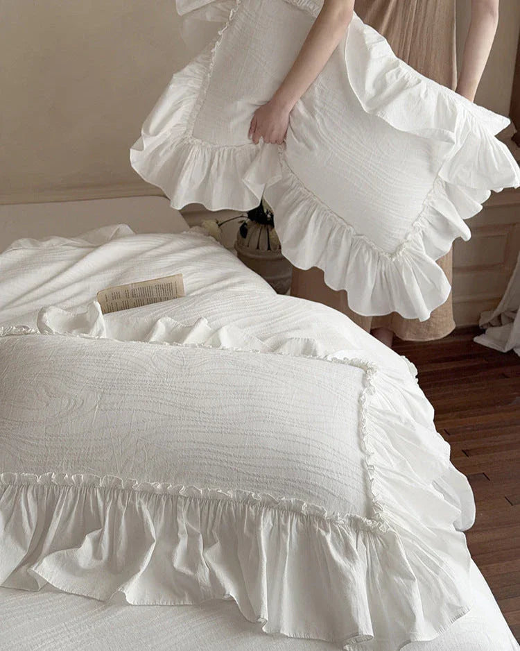 Jasmine White Ruffled Jacquard Bedding Set Ever Lasting