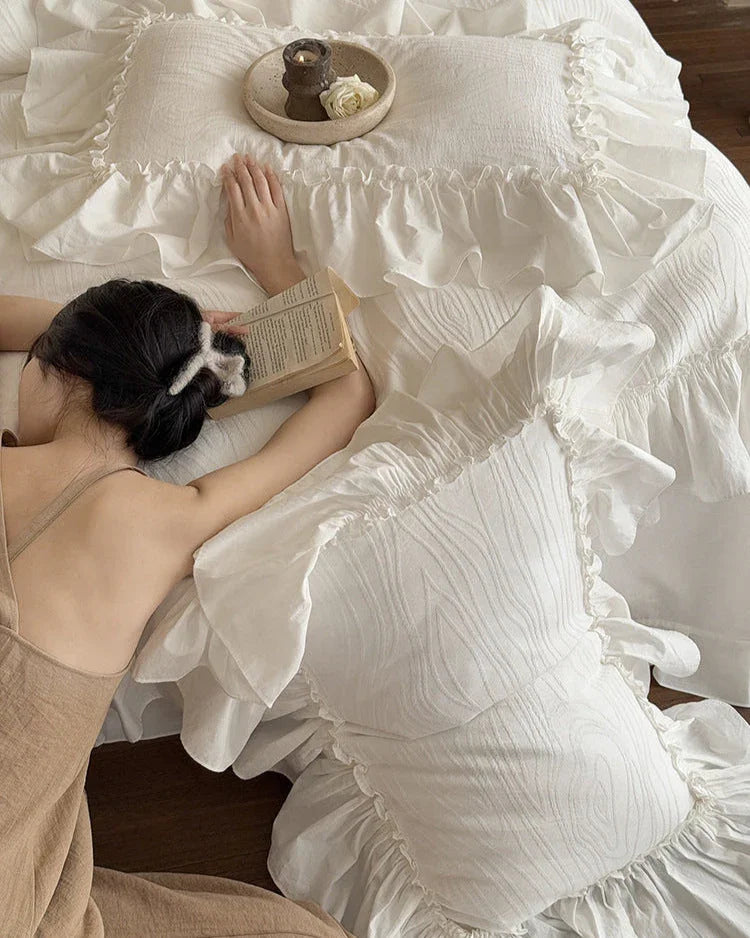 Jasmine White Ruffled Jacquard Bedding Set Ever Lasting