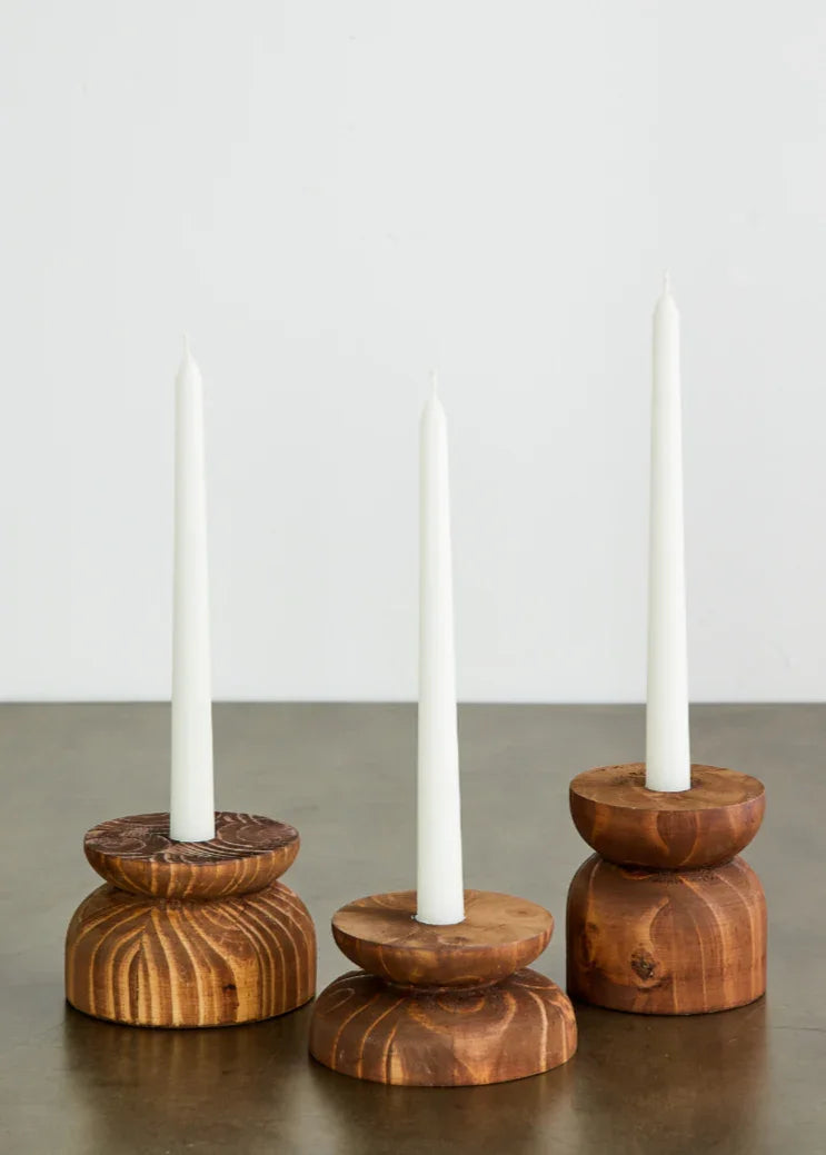 Organic Wood Taper Candlestick Holder, front view - House Of Avana