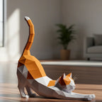 Origami Stretching Cat Figurine White and Orange Decor for Cat Lovers