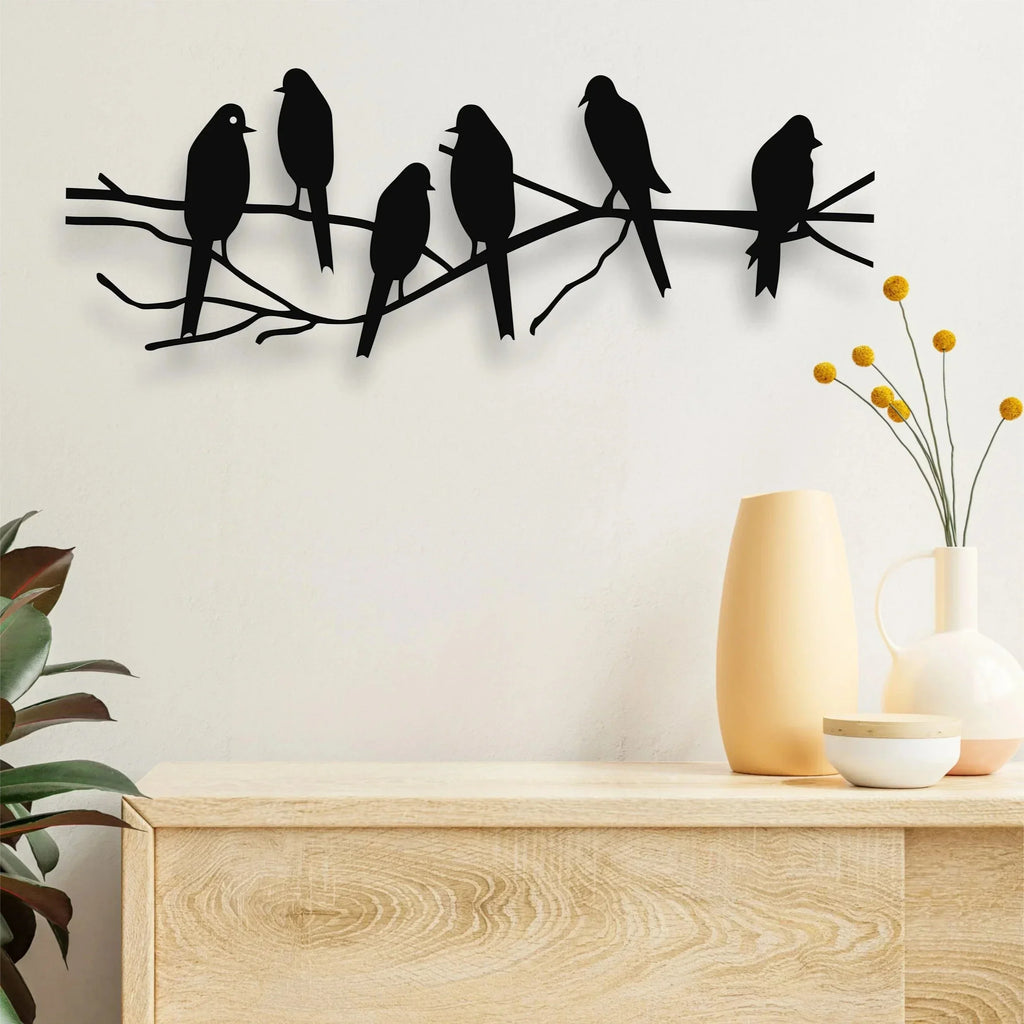 Metal Bird Figurine on Tree Branch Handcrafted Decoration, front view - House Of Avana