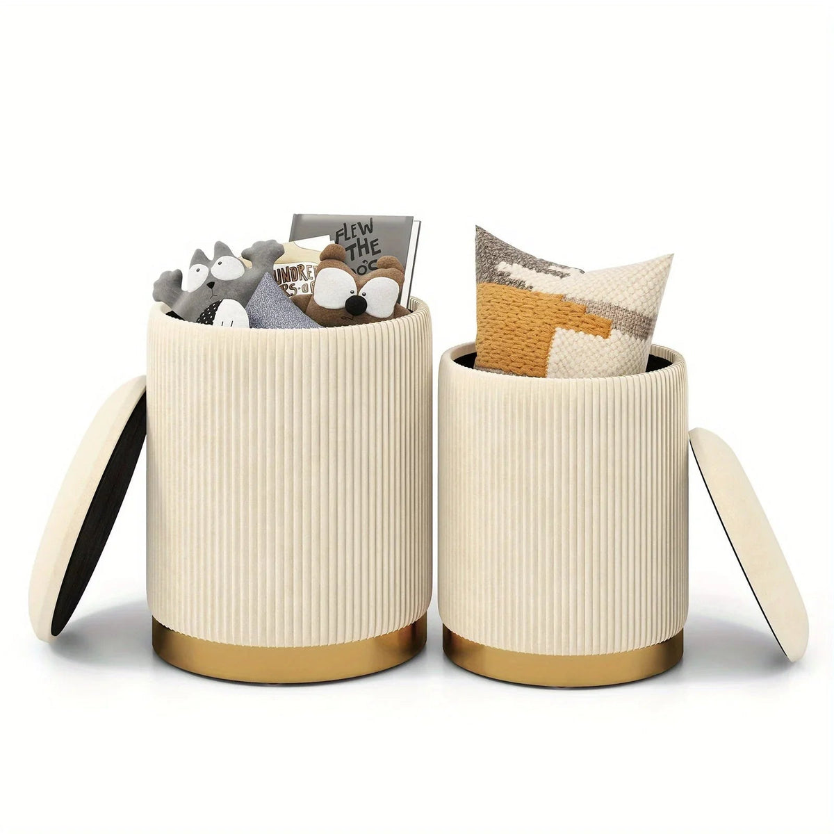 Velvet Storage Ottoman Set of 2 Modern Round Ottoman w/ Storage for Living Room House Of Avana [[SKU:HOA-OTT-003]]