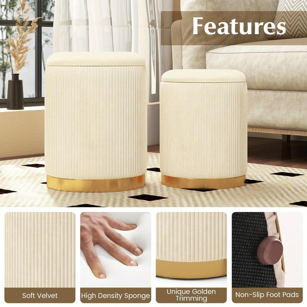 Velvet Storage Ottoman Set of 2 Modern Round Ottoman w/ Storage for Living Room House Of Avana [[SKU:HOA-OTT-003]]