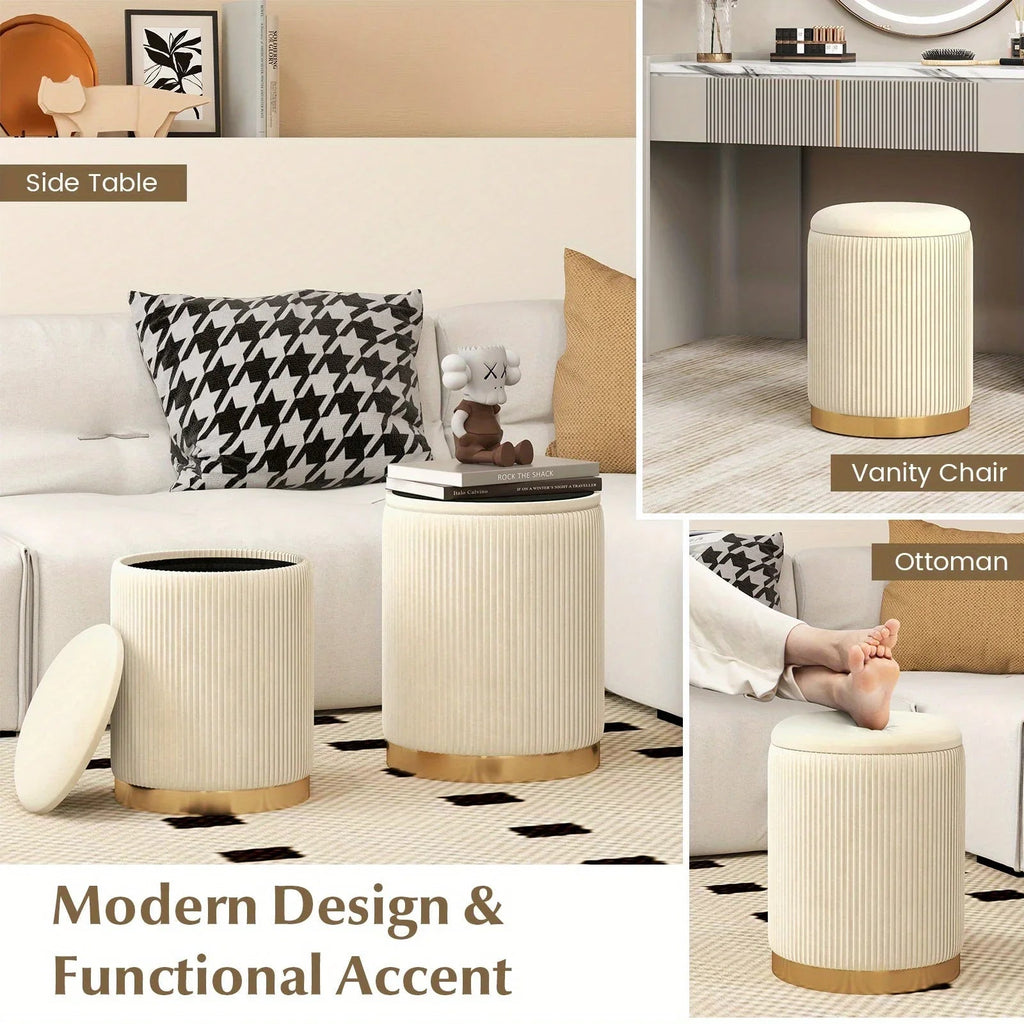 Velvet Storage Ottoman Set of 2 Modern Round Ottoman w/ Storage for Living Room House Of Avana [[SKU:HOA-OTT-003]]