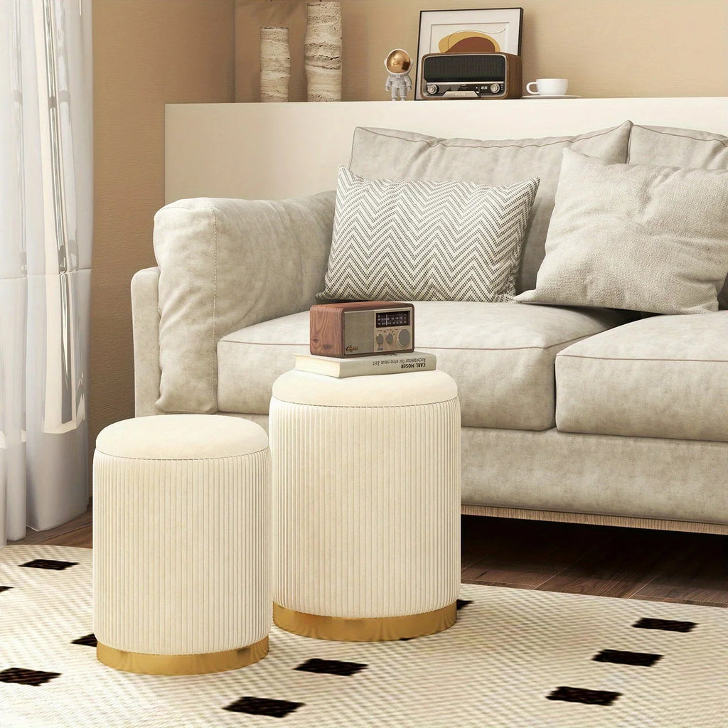 Velvet Storage Ottoman Set of 2 Modern Round Ottoman w/ Storage for Living Room House Of Avana [[SKU:HOA-OTT-003]]