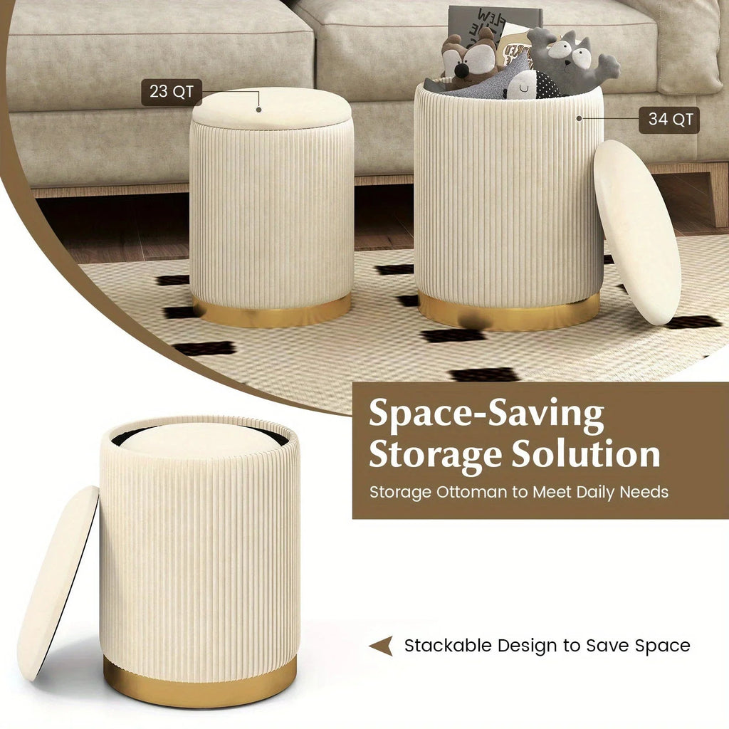 Velvet Storage Ottoman Set of 2 Modern Round Ottoman w/ Storage for Living Room House Of Avana [[SKU:HOA-OTT-003]]