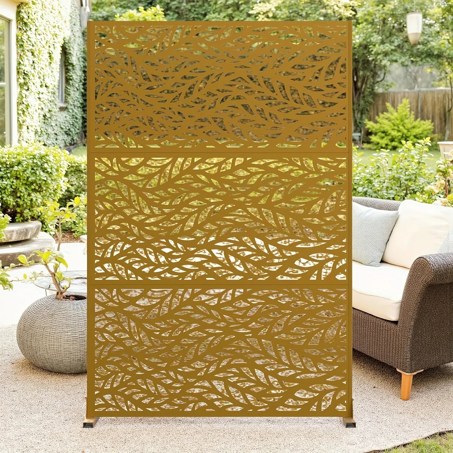 Outdoor Metal Privacy Screen 182.88cm H x 119.38cm W Freestanding Fence & Room Divider with Stand - Heavy-Duty Modern Design, Weather-Resistant Metal Panels with Pattern, Easy Assembly for Patio, Garden, Deck, Balcony, Lawn - House Of Avana