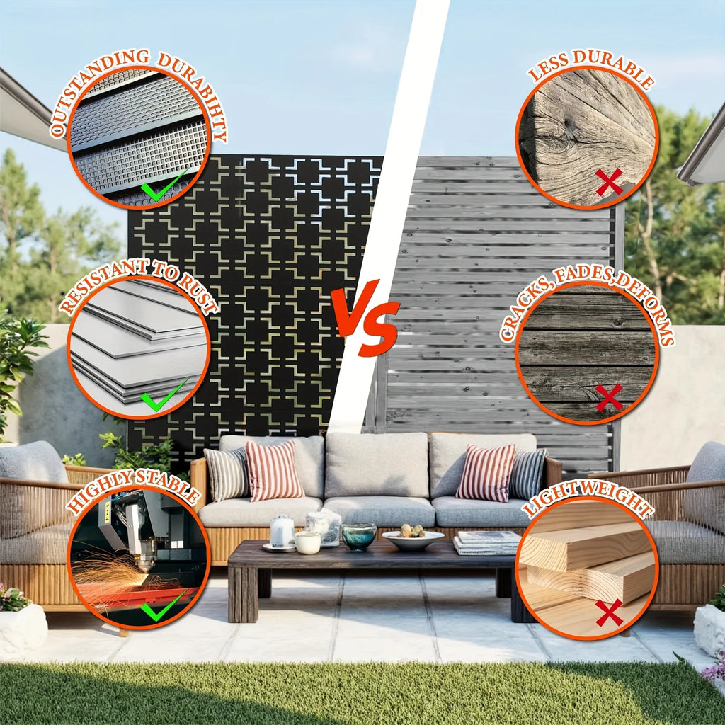 Outdoor Metal Privacy Screen 182.88cm H x 119.38cm W Freestanding Fence & Room Divider with Stand - Heavy-Duty Modern Design, Weather-Resistant Metal Panels with Pattern, Easy Assembly for Patio, Garden, Deck, Balcony, Lawn - House Of Avana