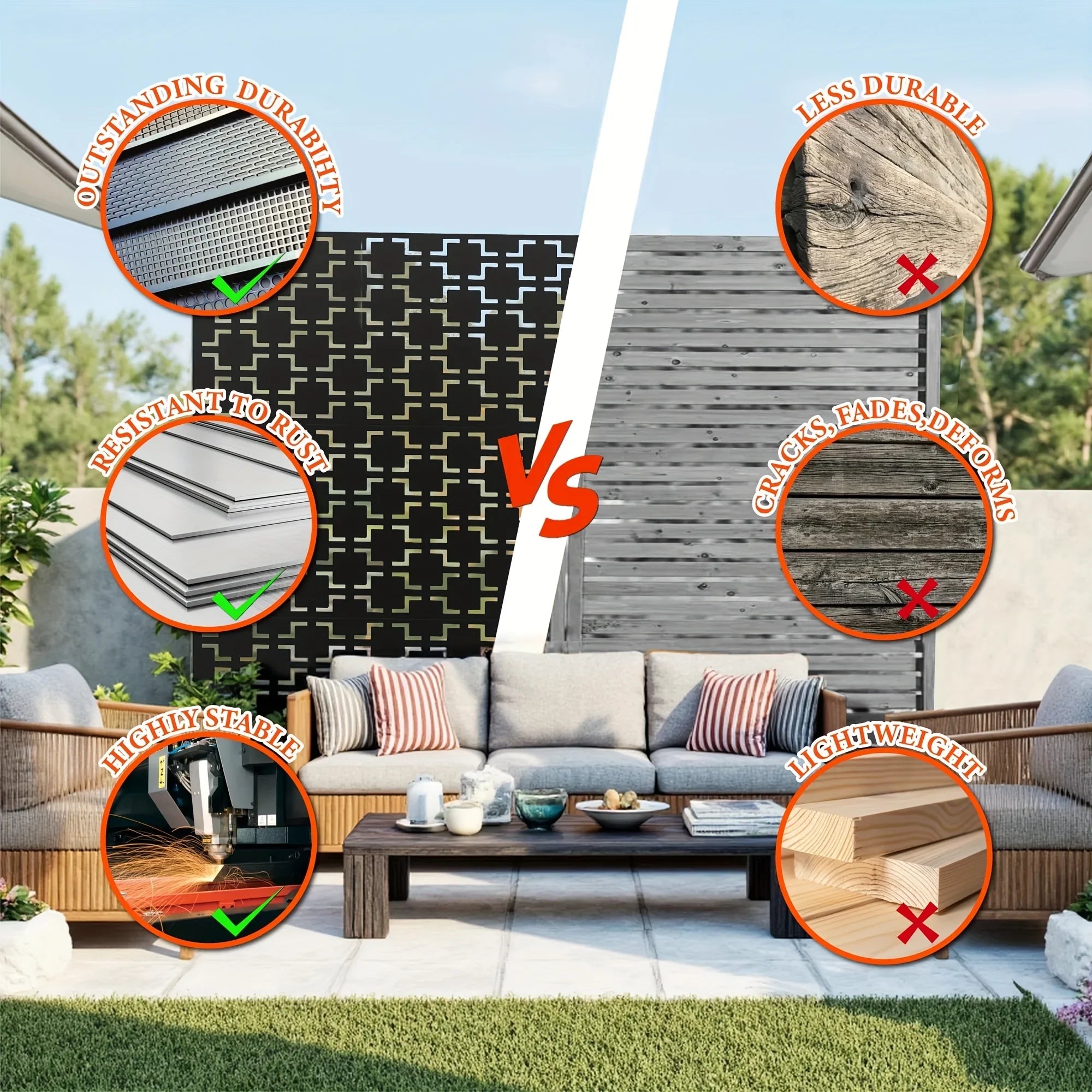 Outdoor Metal Privacy Screen 182.88cm H x 119.38cm W Freestanding Fence & Room Divider with Stand - Heavy-Duty Modern Design, Weather-Resistant Metal Panels with Pattern, Easy Assembly for Patio, Garden, Deck, Balcony, Lawn - House Of Avana