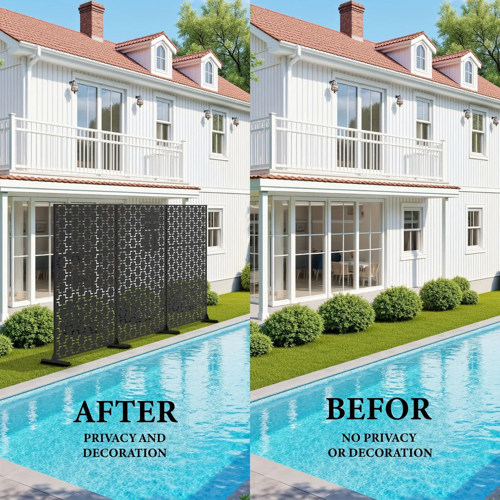 Outdoor Metal Privacy Screen 182.88cm H x 119.38cm W Freestanding Fence & Room Divider with Stand - Heavy-Duty Modern Design, Weather-Resistant Metal Panels with Pattern, Easy Assembly for Patio, Garden, Deck, Balcony, Lawn - House Of Avana