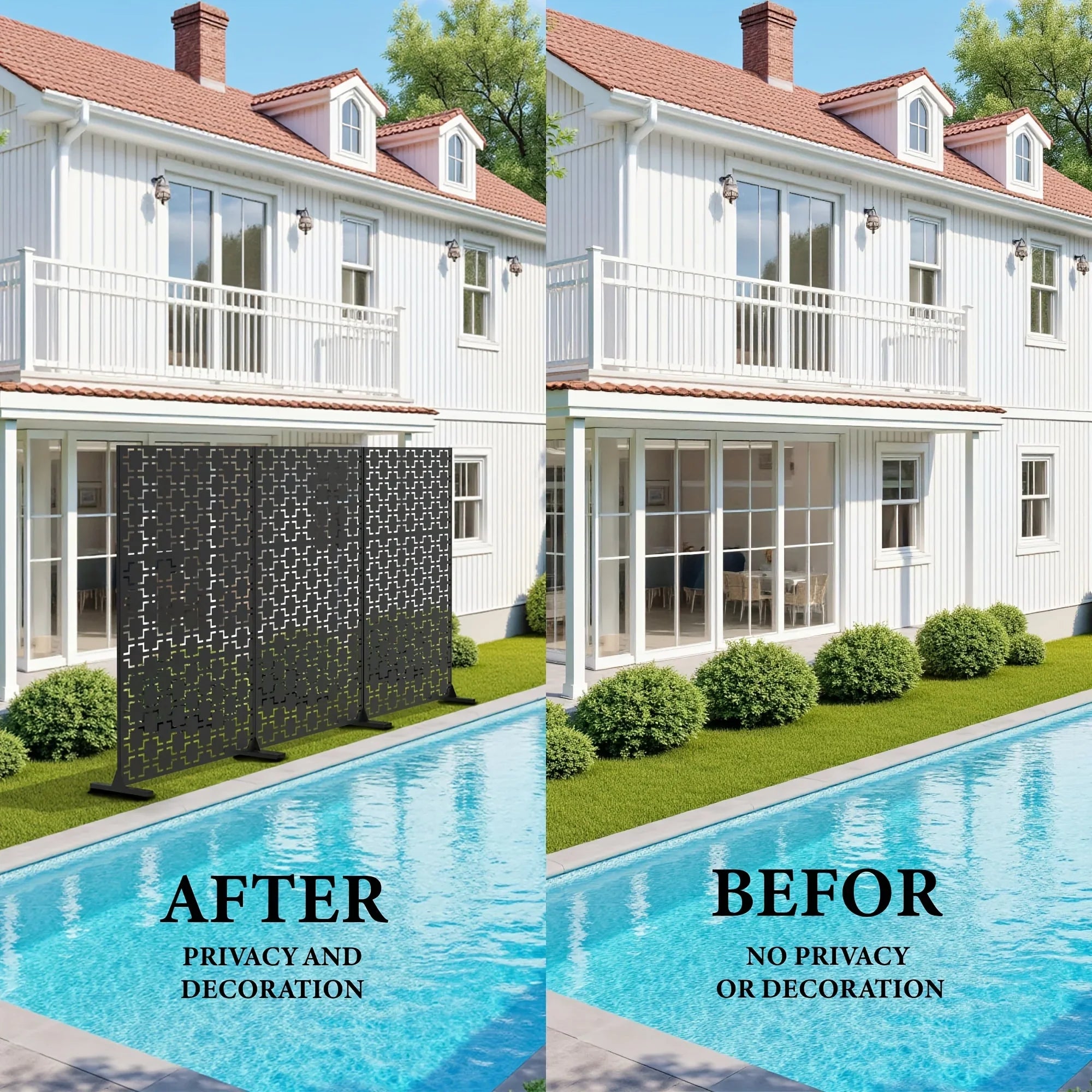 Outdoor Metal Privacy Screen 182.88cm H x 119.38cm W Freestanding Fence & Room Divider with Stand - Heavy-Duty Modern Design, Weather-Resistant Metal Panels with Pattern, Easy Assembly for Patio, Garden, Deck, Balcony, Lawn - House Of Avana
