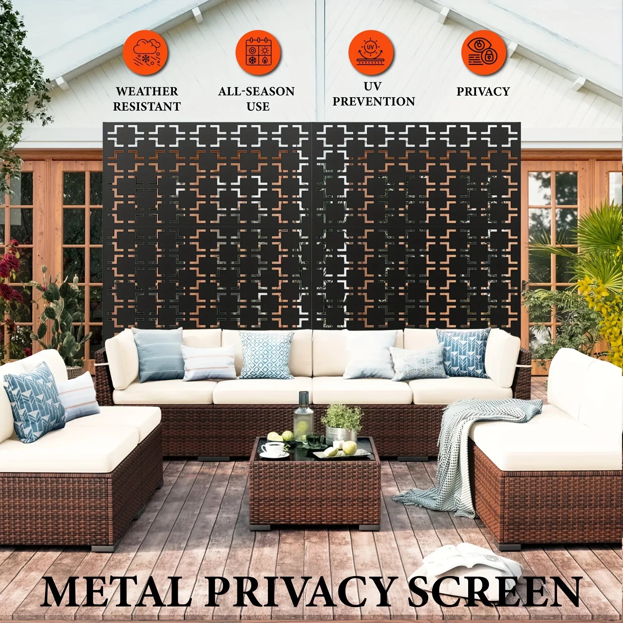 Outdoor Metal Privacy Screen 182.88cm H x 119.38cm W Freestanding Fence & Room Divider with Stand - Heavy-Duty Modern Design, Weather-Resistant Metal Panels with Pattern, Easy Assembly for Patio, Garden, Deck, Balcony, Lawn - House Of Avana
