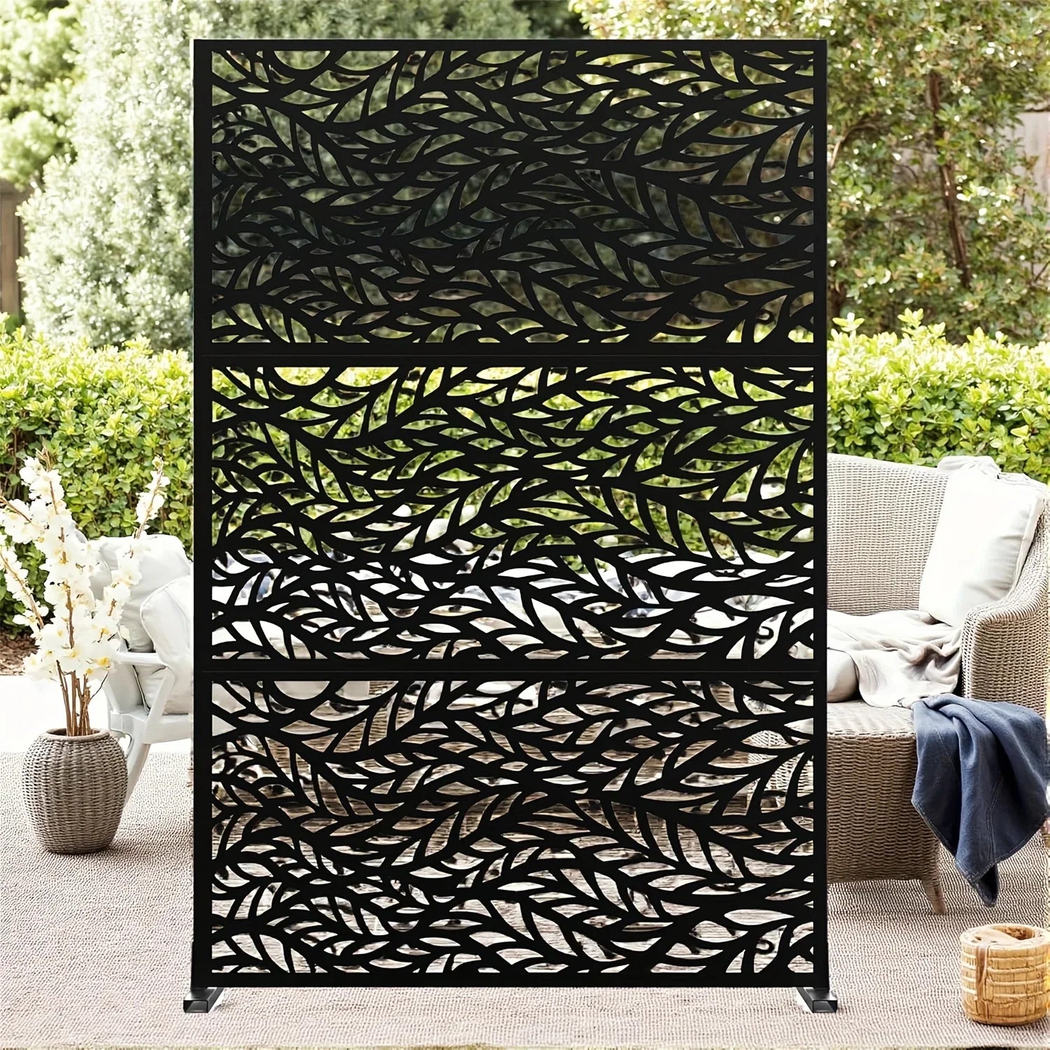Outdoor Metal Privacy Screen 182.88cm H x 119.38cm W Freestanding Fence & Room Divider with Stand - Heavy-Duty Modern Design, Weather-Resistant Metal Panels with Pattern, Easy Assembly for Patio, Garden, Deck, Balcony, Lawn - House Of Avana