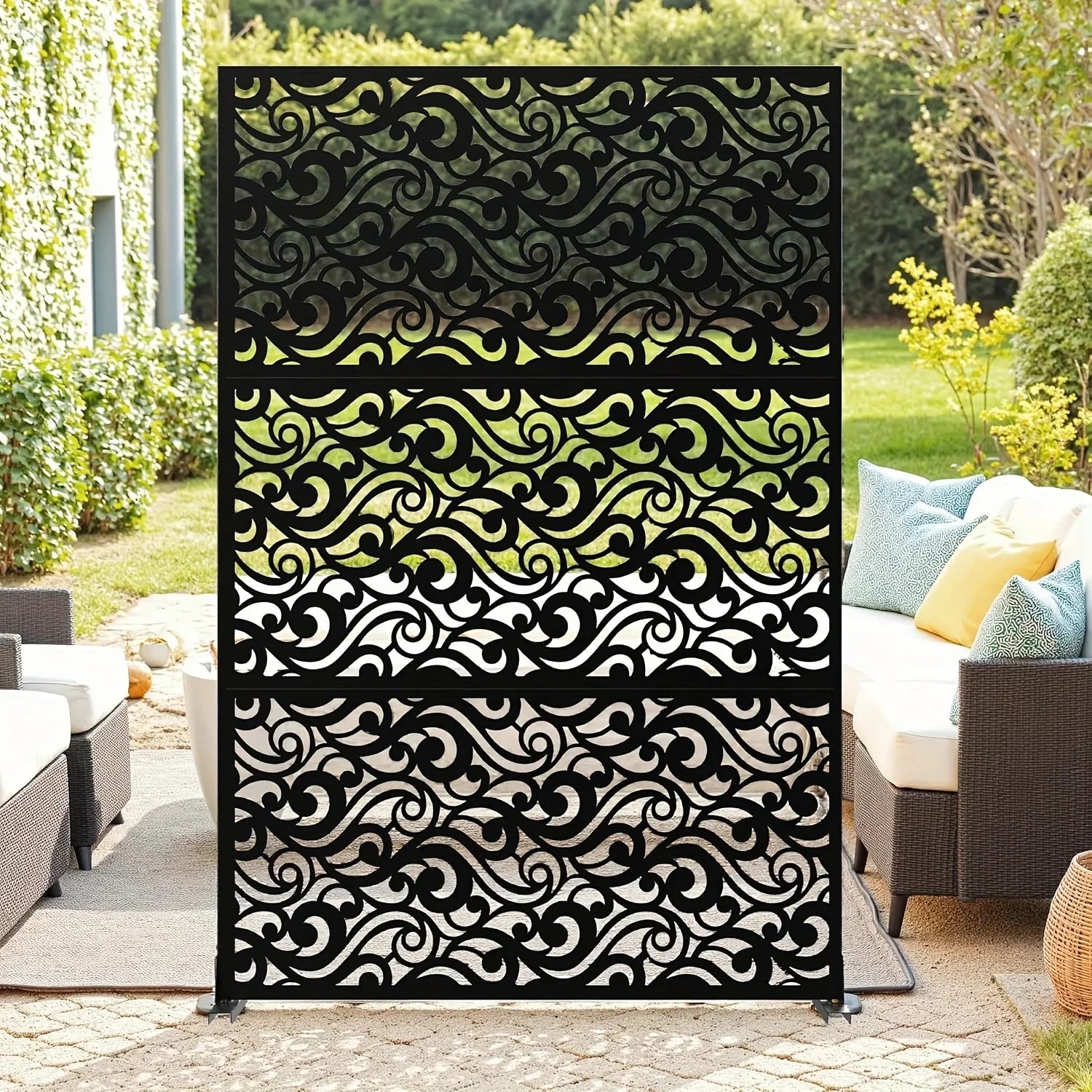 Outdoor Metal Privacy Screen 182.88cm H x 119.38cm W Freestanding Fence & Room Divider with Stand - Heavy-Duty Modern Design, Weather-Resistant Metal Panels with Pattern, Easy Assembly for Patio, Garden, Deck, Balcony, Lawn - House Of Avana