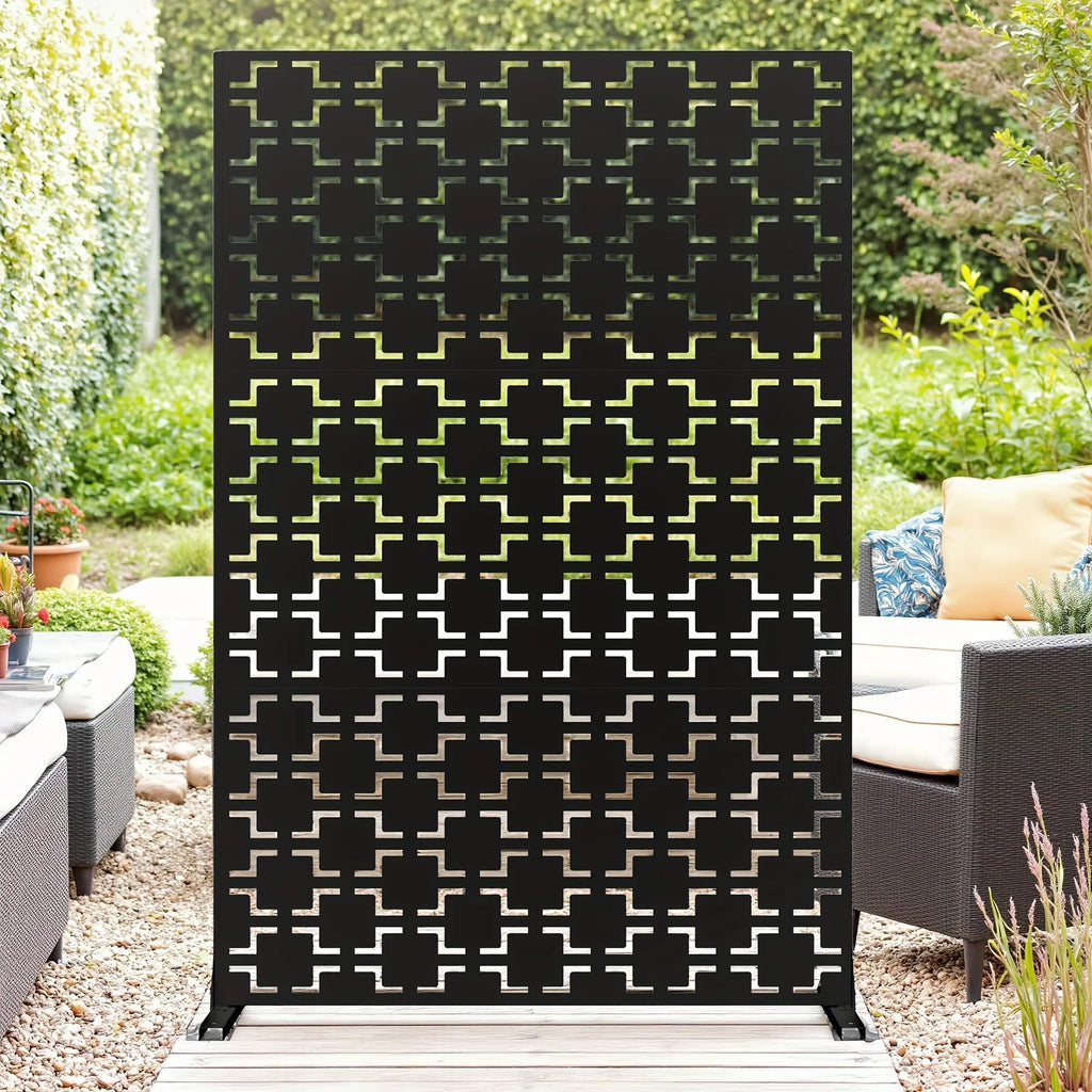Outdoor Metal Privacy Screen 182.88cm H x 119.38cm W Freestanding Fence & Room Divider with Stand - Heavy-Duty Modern Design, Weather-Resistant Metal Panels with Pattern, Easy Assembly for Patio, Garden, Deck, Balcony, Lawn - House Of Avana
