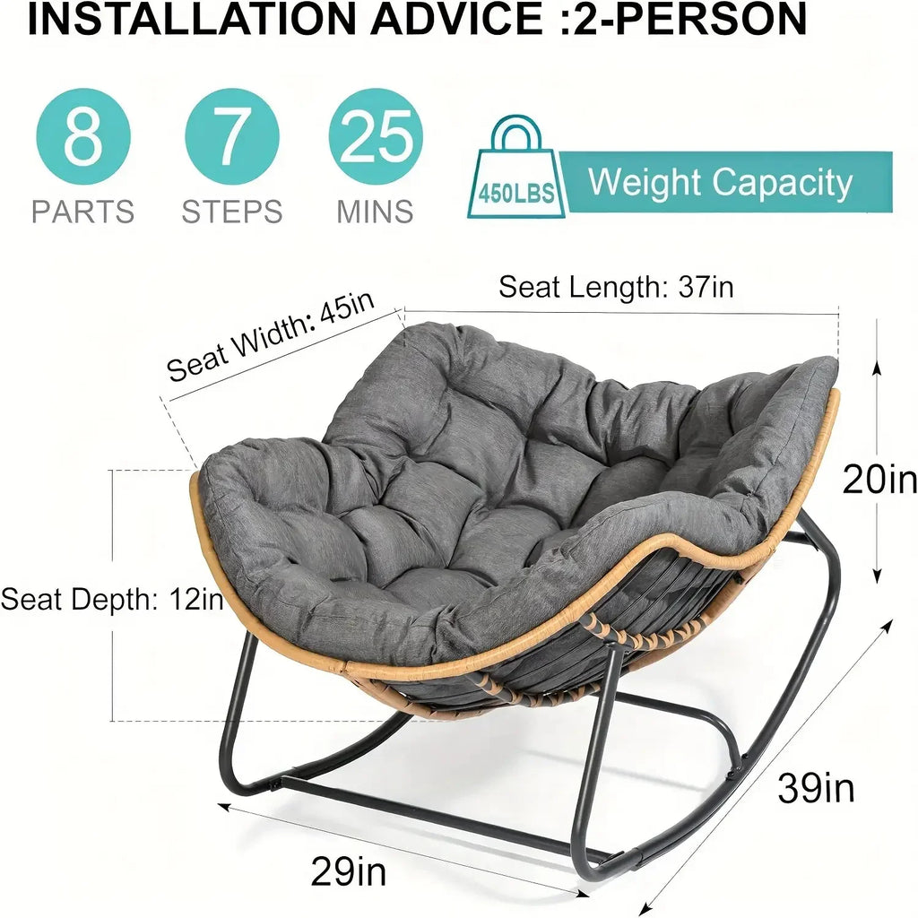 Outdoor Patio Rocking Chair, Royal Papasan Chair, Extra Large Outdoor Lounge Chair with Front Porch Cushion, Suitable for Living Room, Patio, Garden, Courtyard, Outdoor Chair, Patio Furniture, Outdoor Rocking Chair with Big C House Of Avana