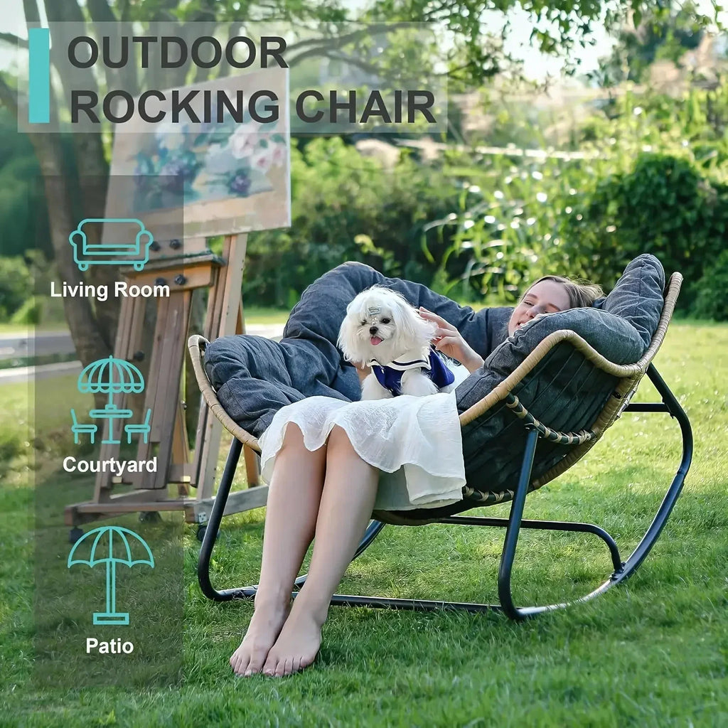 Outdoor Patio Rocking Chair, Royal Papasan Chair, Extra Large Outdoor Lounge Chair with Front Porch Cushion, Suitable for Living Room, Patio, Garden, Courtyard, Outdoor Chair, Patio Furniture, Outdoor Rocking Chair with Big C House Of Avana