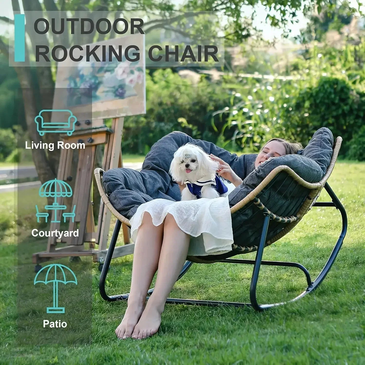 Outdoor Patio Rocking Chair, Royal Papasan Chair, Extra Large Outdoor Lounge Chair with Front Porch Cushion, Suitable for Living Room, Patio, Garden, Courtyard, Outdoor Chair, Patio Furniture, Outdoor Rocking Chair with Big C House Of Avana