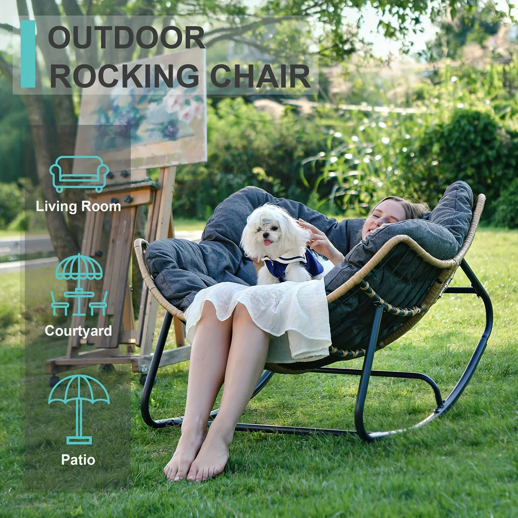 Outdoor Patio Rocking Chair, Royal Papasan Chair, Extra Large Outdoor Lounge Chair with Front Porch Cushion, Suitable for Living Room, Patio, Garden, Courtyard, Outdoor Chair, Patio Furniture, Outdoor Rocking Chair with Big C House Of Avana