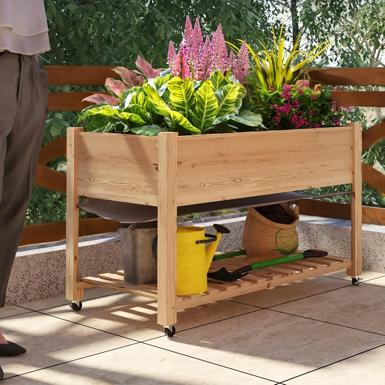 Outdoor Raised Garden Beds with Lockable Wheels Elevated Wooden Growing Bed for Flowers, Vegetables, Planter Box with Legs & Storage Shelf for Backyard, Patio, Balcony, Wooden Garden Bed, Round Raised Garden Bed, Narrow Garde House Of Avana