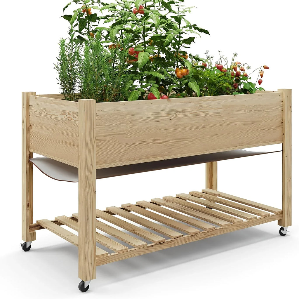 Outdoor Raised Garden Beds with Lockable Wheels Elevated Wooden Growing Bed for Flowers, Vegetables, Planter Box with Legs & Storage Shelf for Backyard, Patio, Balcony, Wooden Garden Bed, Round Raised Garden Bed, Narrow Garde House Of Avana