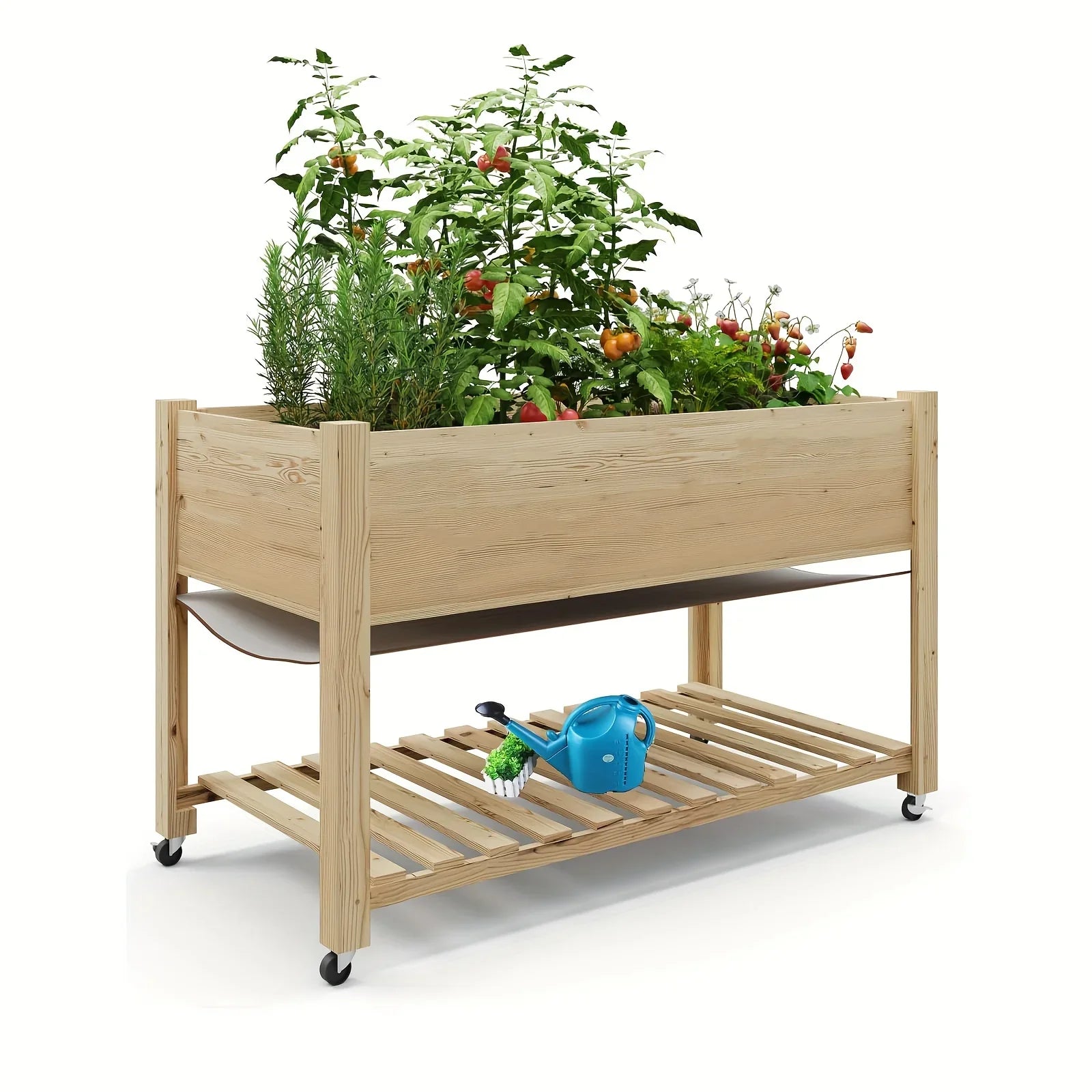 Outdoor Raised Garden Beds with Lockable Wheels Elevated Wooden Growing Bed for Flowers, Vegetables, Planter Box with Legs & Storage Shelf for Backyard, Patio, Balcony, Wooden Garden Bed, Round Raised Garden Bed, Narrow Garde House Of Avana