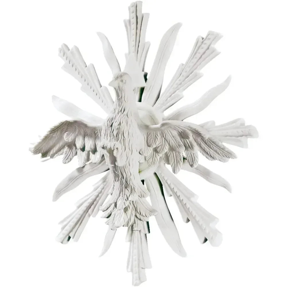White sculpted dove ornament with detailed feathering and radiating wing rays in decorative metal owl sculpture 11H individually hand-painted