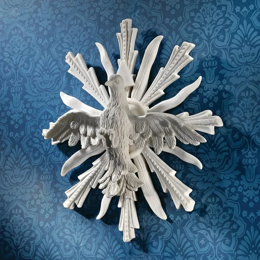 White ceramic wall sculpture of dove with outstretched wings and radiating rays in decorative metal owl sculpture 11h