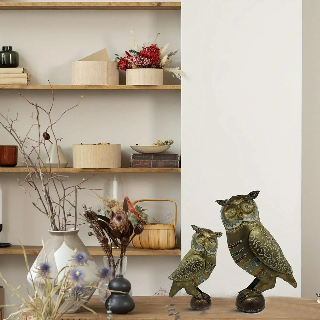 Metal Owl Couple Miniature Statue Showpiece Owl Sculpture Feng Shui Bird Figurine uses for Living Room, Garden, Office Desk Gold Color (2 Piece) (1 Box) - House Of Avana