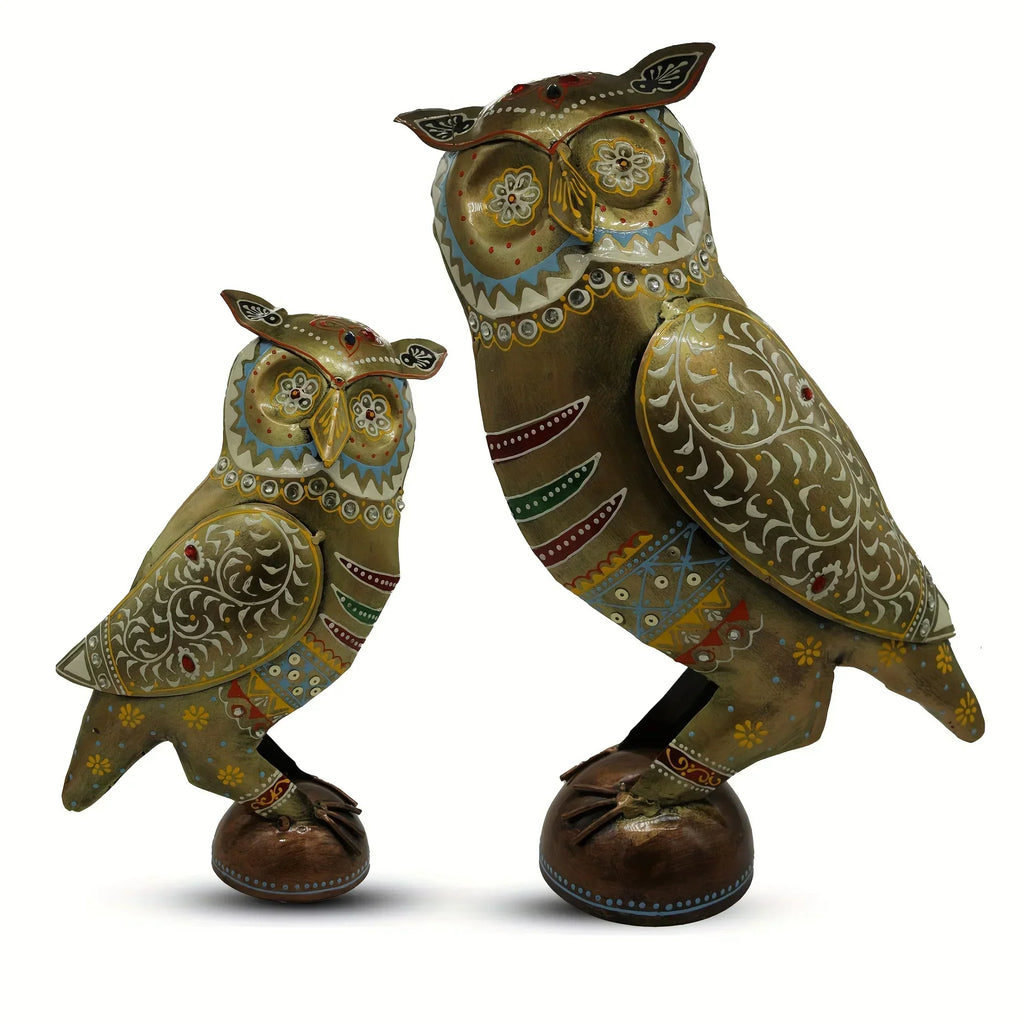 Metal Owl Couple Miniature Statue Showpiece Owl Sculpture Feng Shui Bird Figurine uses for Living Room, Garden, Office Desk Gold Color (2 Piece) (1 Box) - House Of Avana
