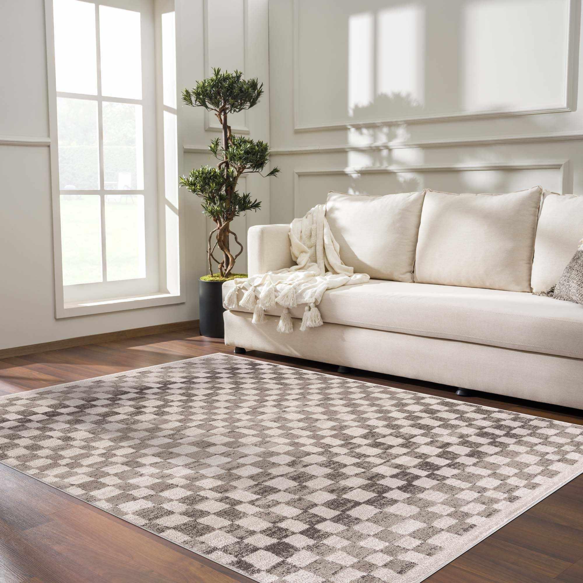 Benjy Beige Checkered Area Rug Hauteloom