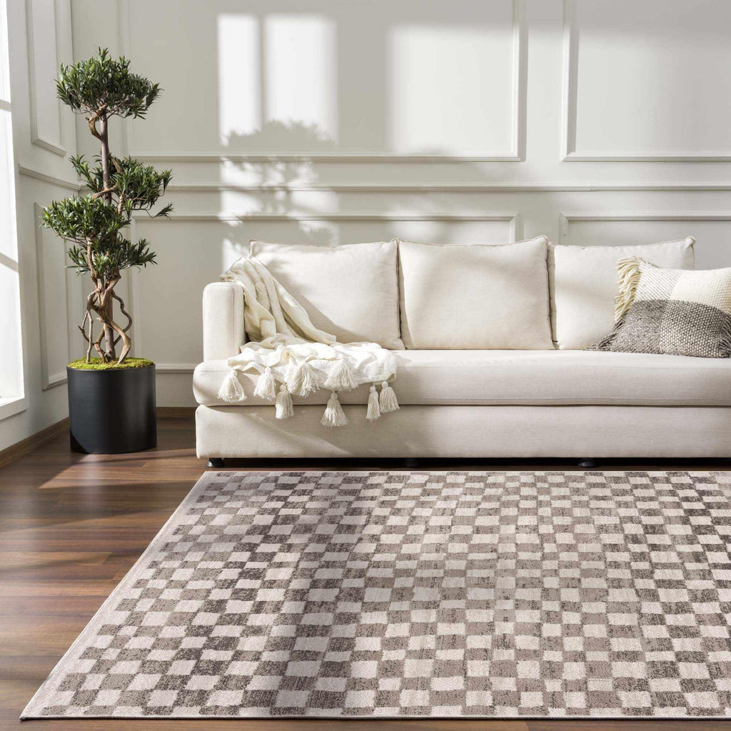 Benjy Beige Checkered Area Rug Hauteloom