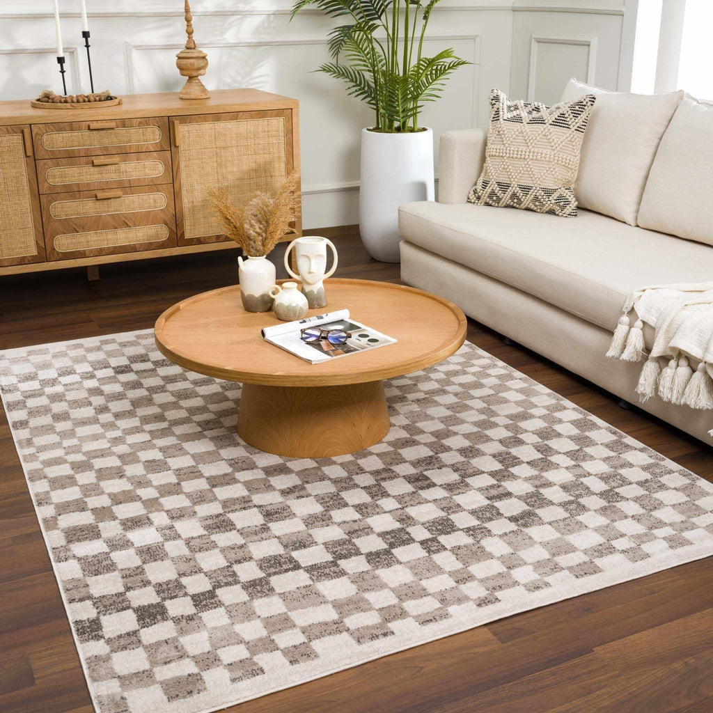 Benjy Beige Checkered Area Rug Hauteloom