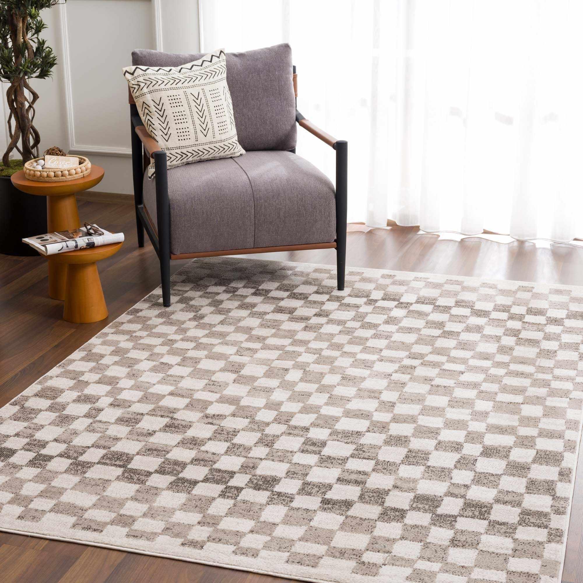 Benjy Beige Checkered Area Rug Hauteloom