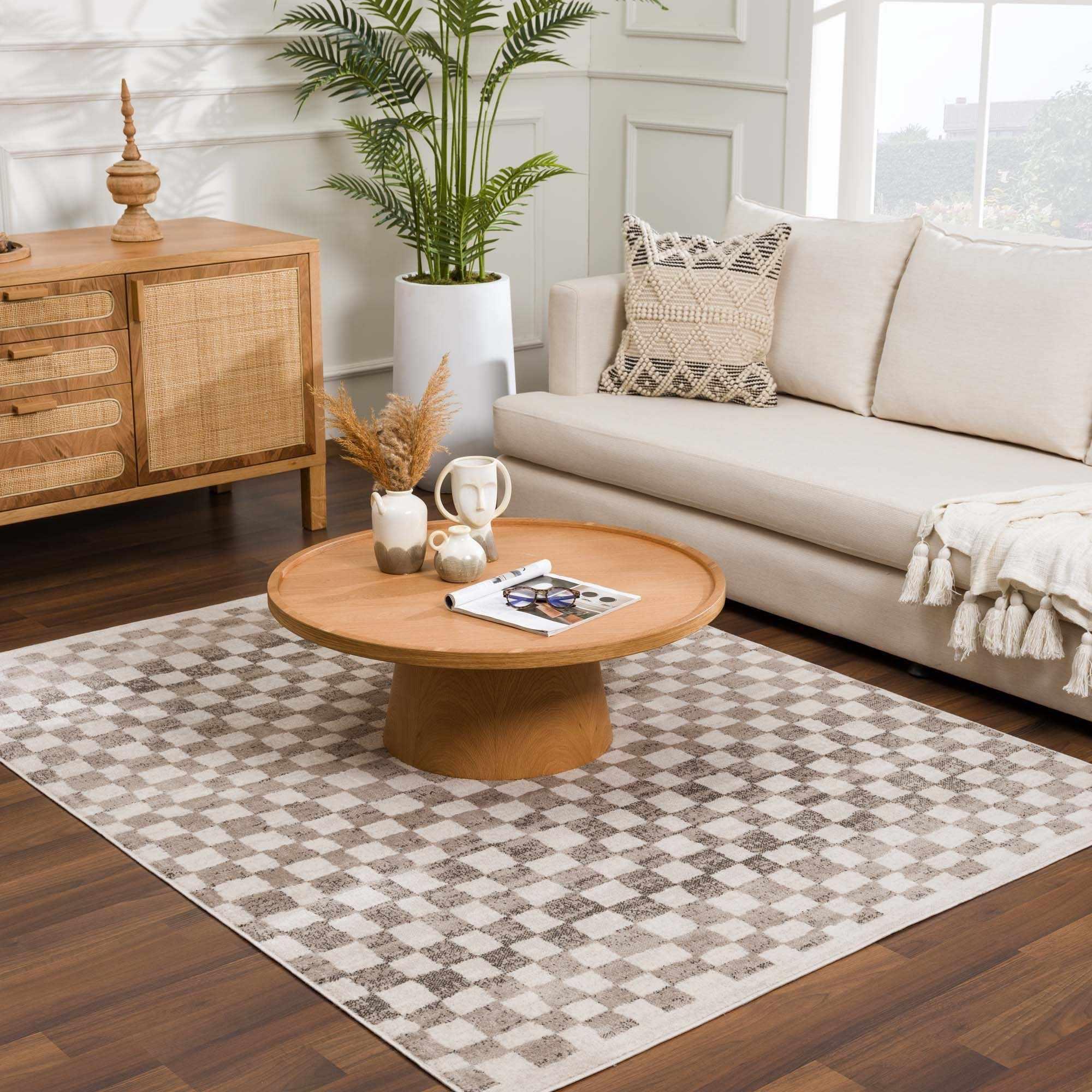 Benjy Beige Checkered Area Rug Hauteloom