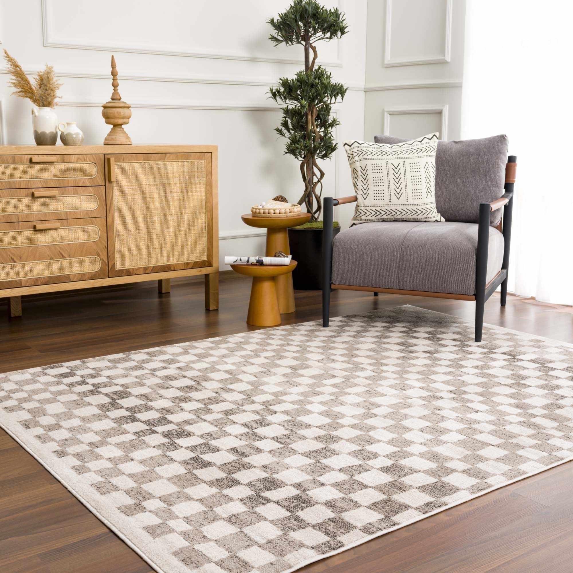 Benjy Beige Checkered Area Rug Hauteloom