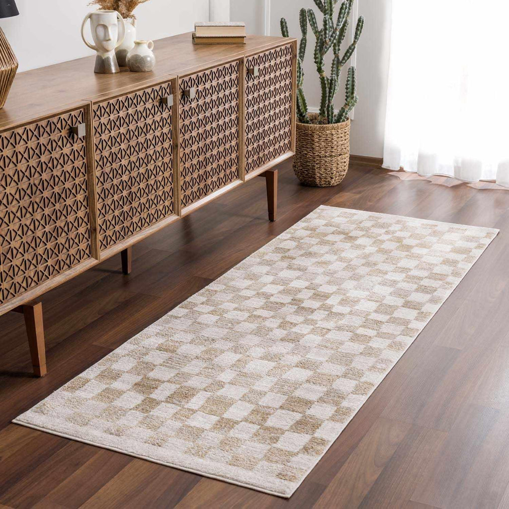 Benjy Cream & Gold Checkered Area Rug Hauteloom