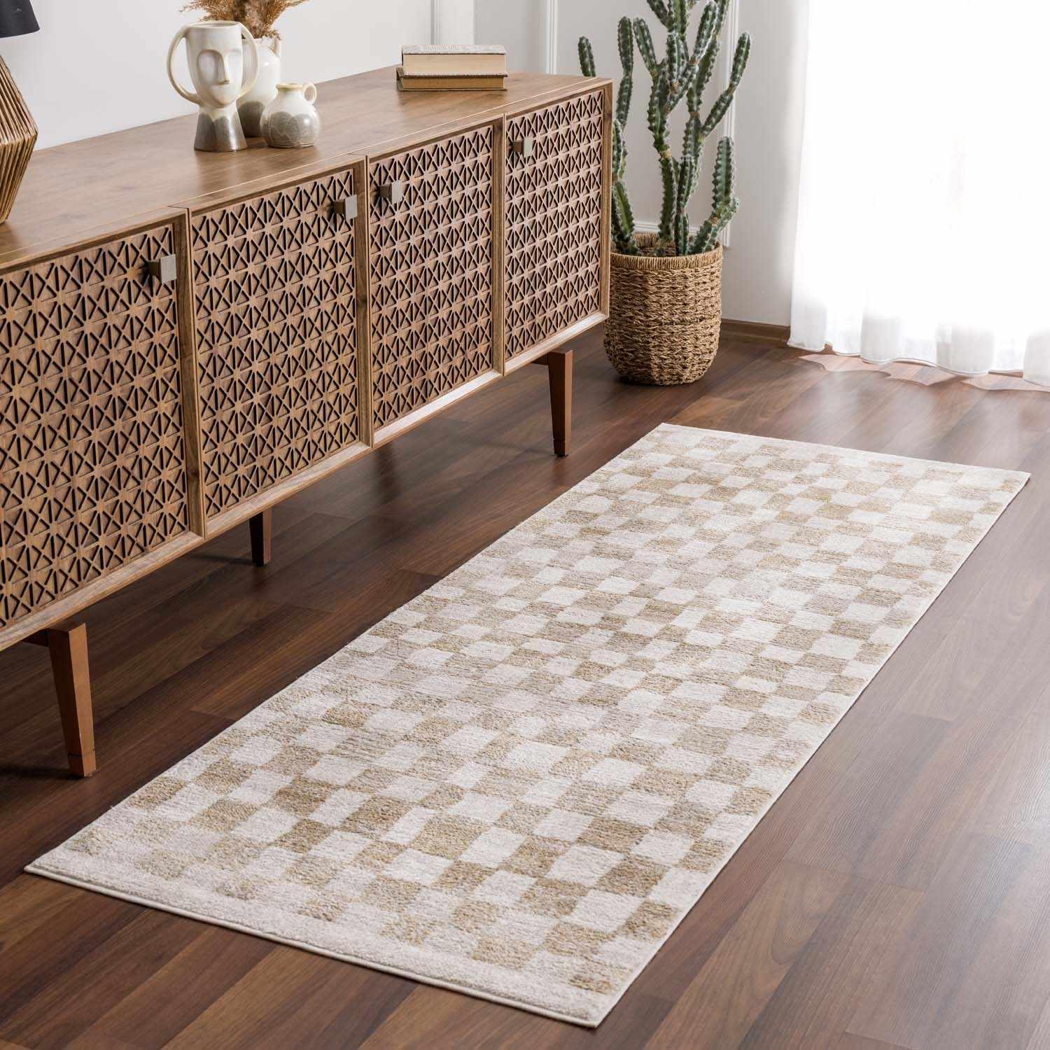 Benjy Cream & Gold Checkered Area Rug Hauteloom